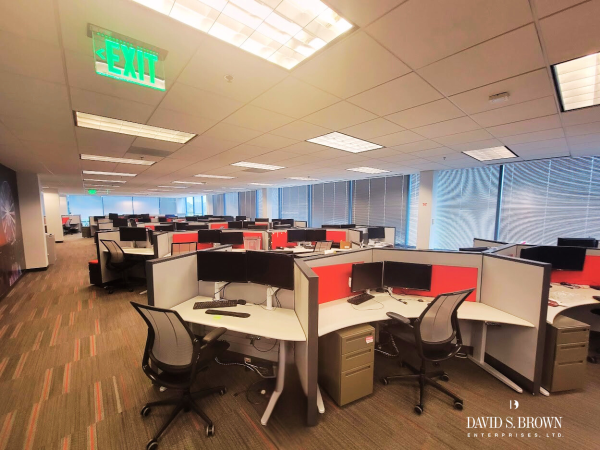 Spacious furnished open office space at Red Brook Corporate Centre featuring modern cubicles, ergonomic chairs, dual-monitor workstations, and large windows allowing natural light — showcasing a move-in-ready “Plug & Play” workspace by David S. Brown Enterprises.