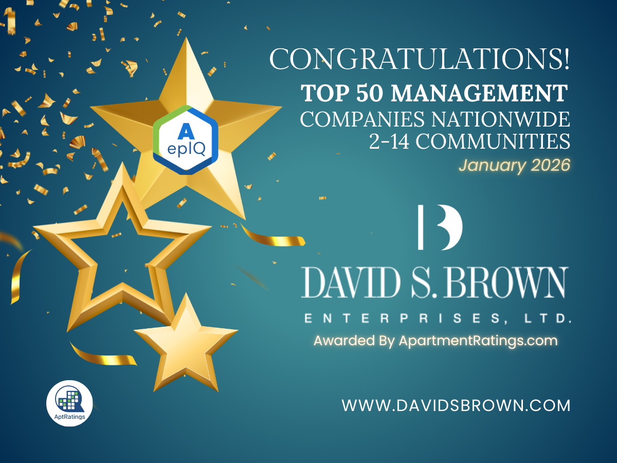 Promotional graphic with a teal background, gold confetti, and three gold stars. Text reads “Congratulations! Top 50 Management Companies Nationwide, 2–14 Communities, January 2026.” A gold star features an “A epIQ” badge. The David S. Brown Enterprises, LTD logo appears in the center with the line “Awarded by ApartmentRatings.com.” Website shown at the bottom: “www.davidsbrown.com.”