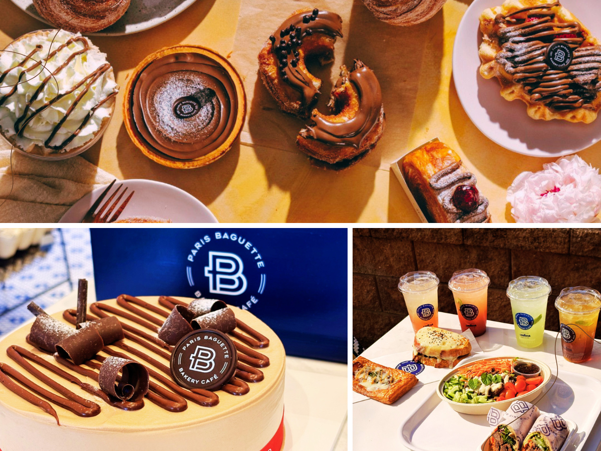 A collage showcasing a variety of pastries, desserts, and café food from Paris Baguette. Top section: Assorted baked goods arranged on a warm golden background, including chocolate-covered donuts, a tart topped with chocolate glaze, a cream-filled dessert drizzled with chocolate, a waffle-like pastry with piped chocolate, and flaky pastries. Bottom left: A decorated round cake with chocolate curls, chocolate drizzle, powdered sugar, and a branded Paris Baguette chocolate medallion in front of a blue Paris Baguette logo backdrop. Bottom right: A café meal spread with colorful drinks, a salad, sandwiches/wraps, and pastries on a tray. Overall, the image has an upscale, inviting bakery-café aesthetic highlighting sweet treats, meals, and beverages.
