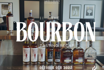 A polished bourbon display at The Tillery in Owings Mills, Maryland, featuring an elegant lineup of bottles including Redwood Empire, Four Branches, and Woodford Reserve. The image highlights The Bourbon Tasting Recap event held on October 9th, 2025, presented by David S. Brown Enterprises, The Tillery, and the Greater Baltimore Chamber of Commerce. The setting exudes a warm, refined ambiance—perfectly capturing the essence of an exclusive bourbon tasting experience.