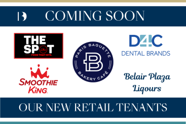 Graphic announcing “Coming Soon – Our New Retail Tenants” featuring logos for The Halal Spot, Paris Baguette Bakery Café, D4C Dental Brands, Smoothie King, and Belair Plaza Liquors on a navy, gold, and teal branded background with the David S. Brown website listed at the bottom.
