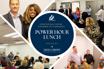 A collage promoting the Greater Baltimore Chamber of Commerce Power Hour Lunch hosted by David S. Brown Enterprises, LTD. The central circle features the event title and logos. Surrounding photos show attendees networking, speaking, and engaging in discussions in a bright meeting room. The top right corner includes the websitenwww.davidsbrown.com.