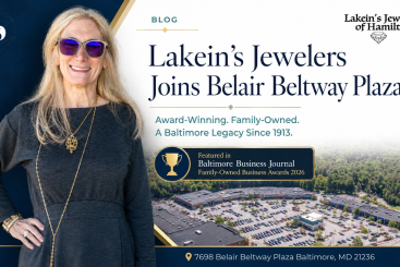 Marcia Lakein of Lakein’s Jewelers featured with Belair Beltway Plaza aerial view, celebrating the jeweler’s 2026 BBJ Family-Owned Business Award recognition and new location in Baltimore, Maryland.
