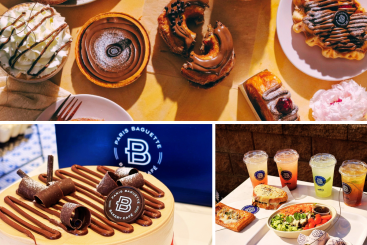 A collage showcasing a variety of pastries, desserts, and café food from Paris Baguette. Top section: Assorted baked goods arranged on a warm golden background, including chocolate-covered donuts, a tart topped with chocolate glaze, a cream-filled dessert drizzled with chocolate, a waffle-like pastry with piped chocolate, and flaky pastries. Bottom left: A decorated round cake with chocolate curls, chocolate drizzle, powdered sugar, and a branded Paris Baguette chocolate medallion in front of a blue Paris Baguette logo backdrop. Bottom right: A café meal spread with colorful drinks, a salad, sandwiches/wraps, and pastries on a tray. Overall, the image has an upscale, inviting bakery-café aesthetic highlighting sweet treats, meals, and beverages.
