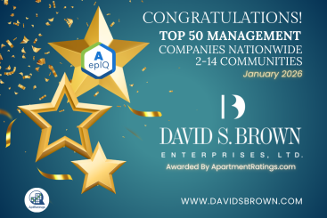 Promotional graphic with a teal background, gold confetti, and three gold stars. Text reads “Congratulations! Top 50 Management Companies Nationwide, 2–14 Communities, January 2026.” A gold star features an “A epIQ” badge. The David S. Brown Enterprises, LTD logo appears in the center with the line “Awarded by ApartmentRatings.com.” Website shown at the bottom: “www.davidsbrown.com.”